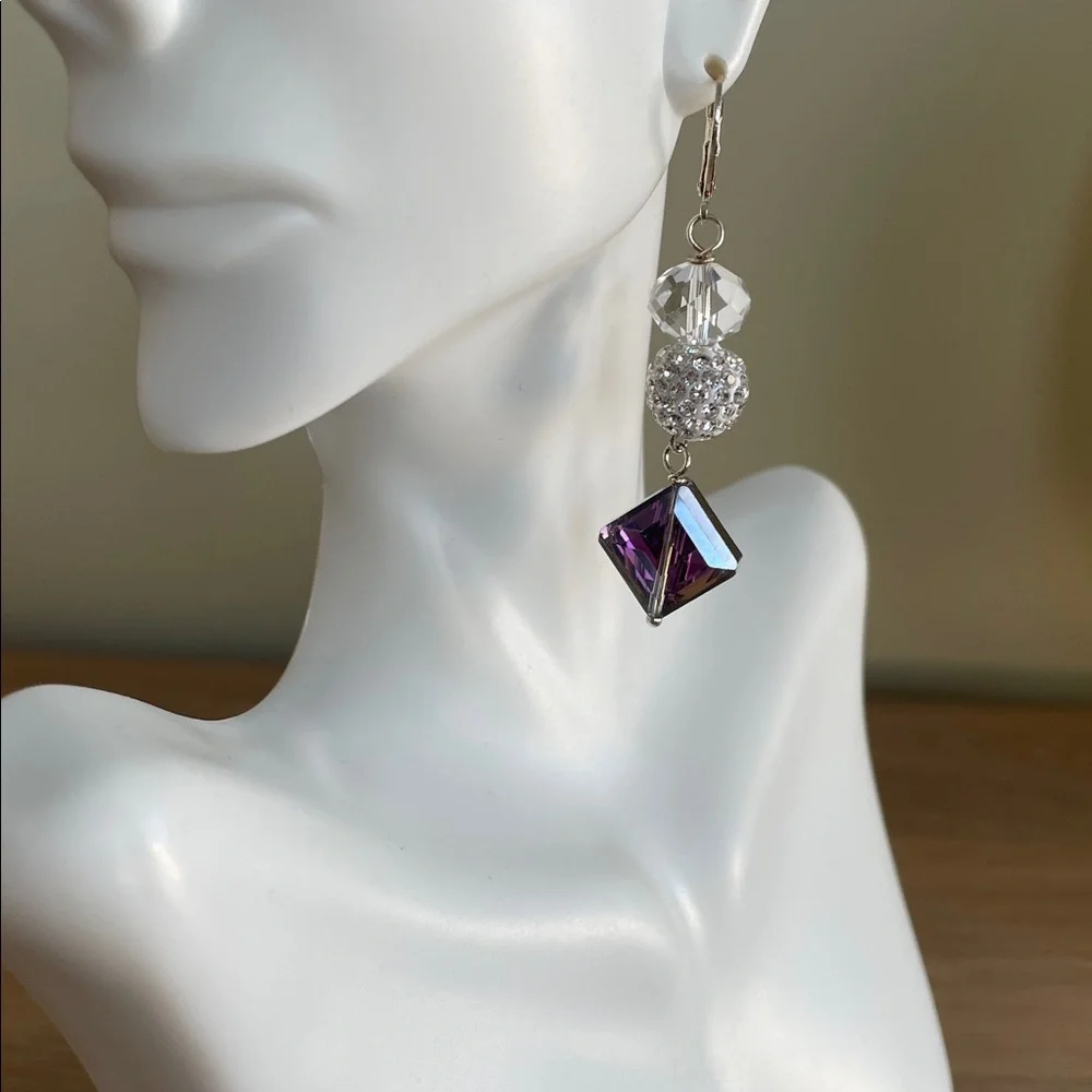 HAND CRAFTED DRAMATIC PARTY EARRINGS Purple Silver Clear Crystals